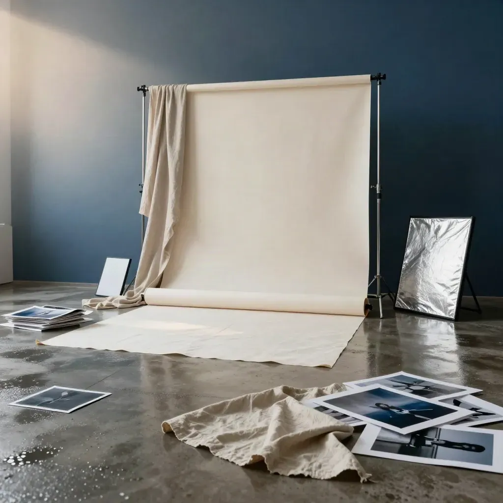 Tableau de studio cinématographique avec panneaux, fond déroulé et drapés sur sol mouillé.