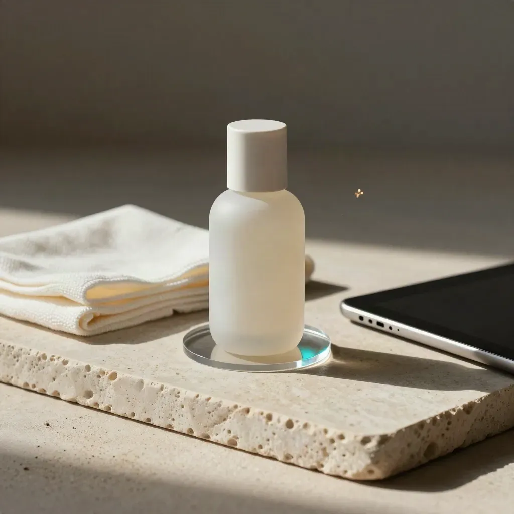 Set skincare boutique avec flacon céramique, muslin crème et tablette retournée sur pierre.