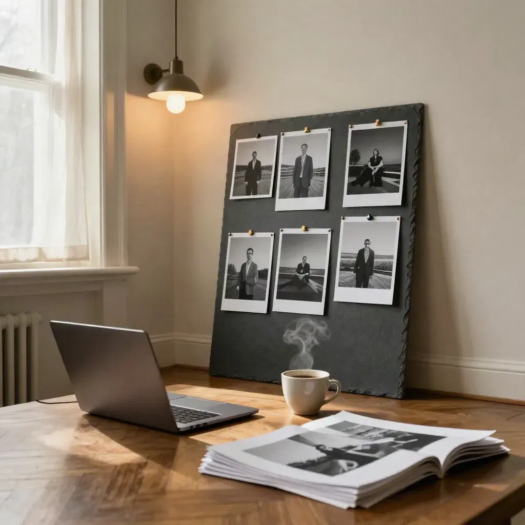 Coin d’office SME avec mood-board, laptop fermé et café fumant en lumière chaude.