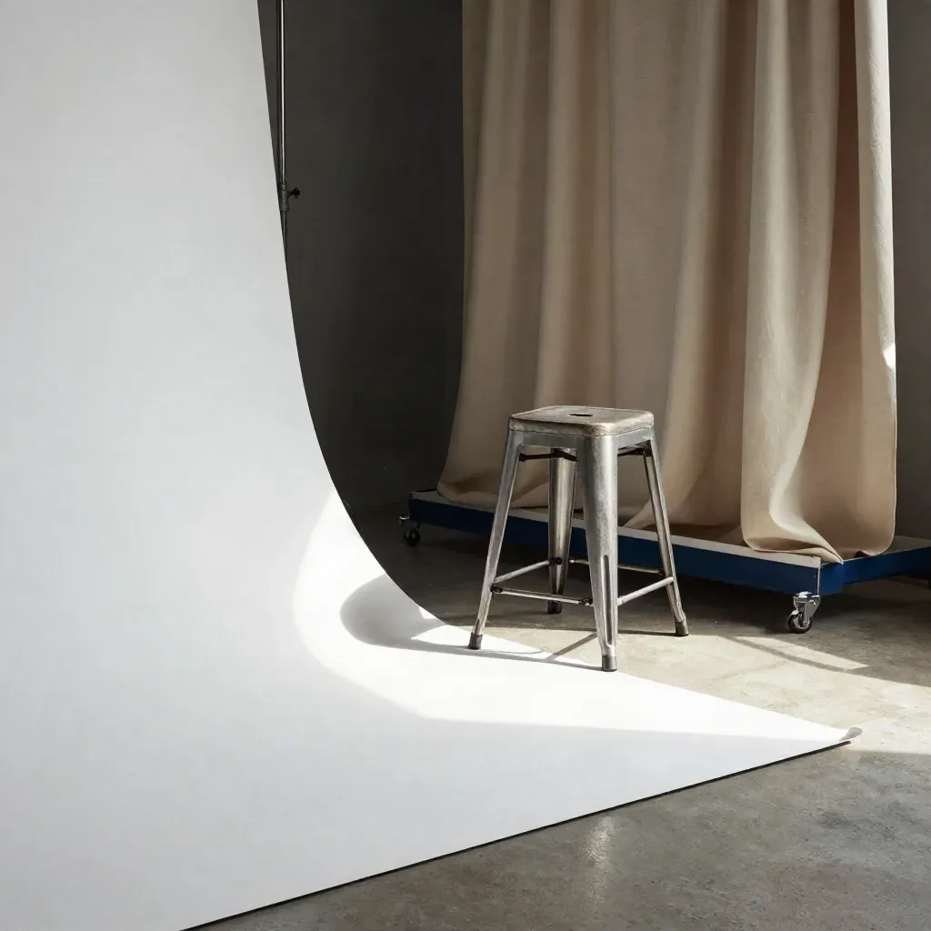 Coin studio photo avec fond blanc, tabouret métal et draps suspendus dans un loft.