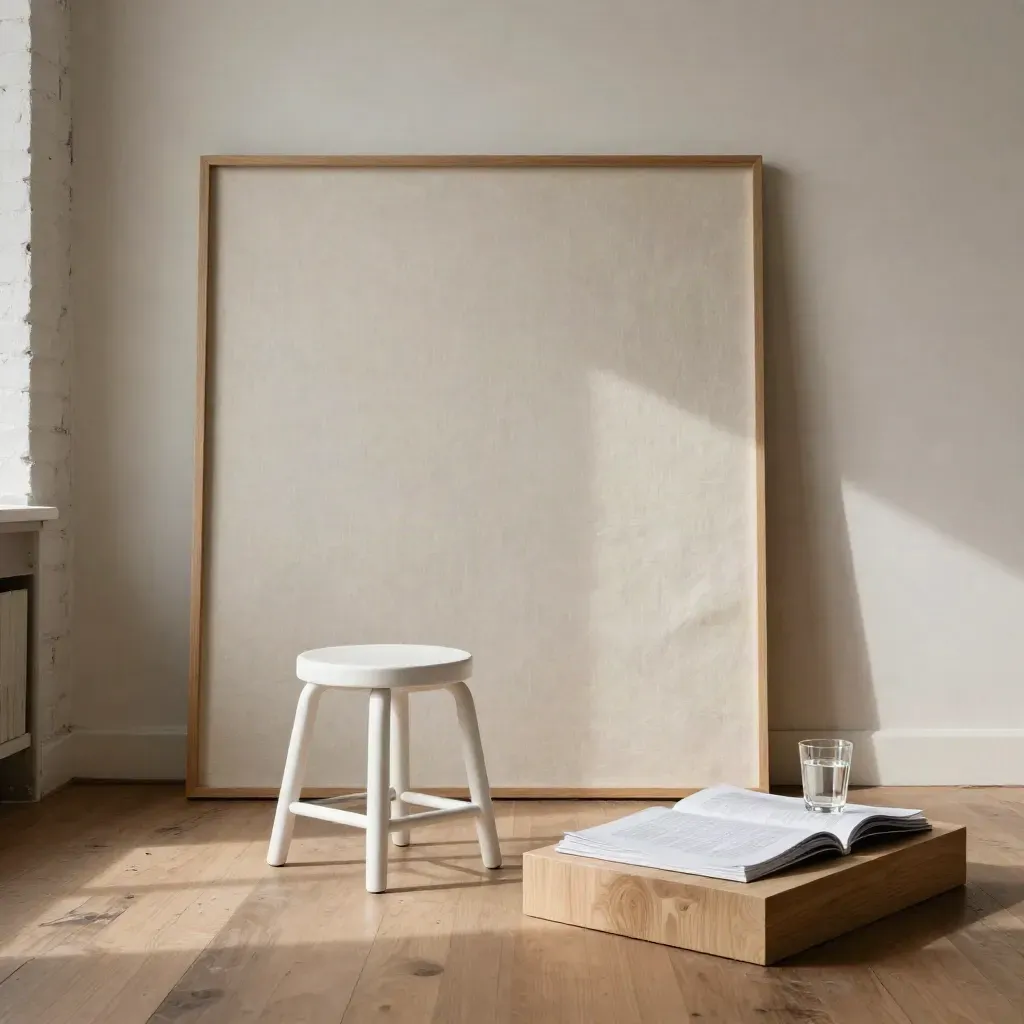 Loft lumineux avec fond neutre, tabouret blanc, feuilles face cachée et verre d’eau.