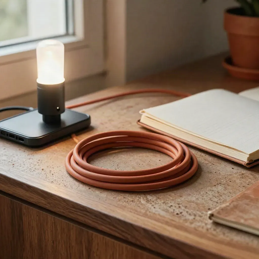 Coin de tournage pour reels avec smartphone, câble, lampe compacte et carnet sur bureau terracotta.