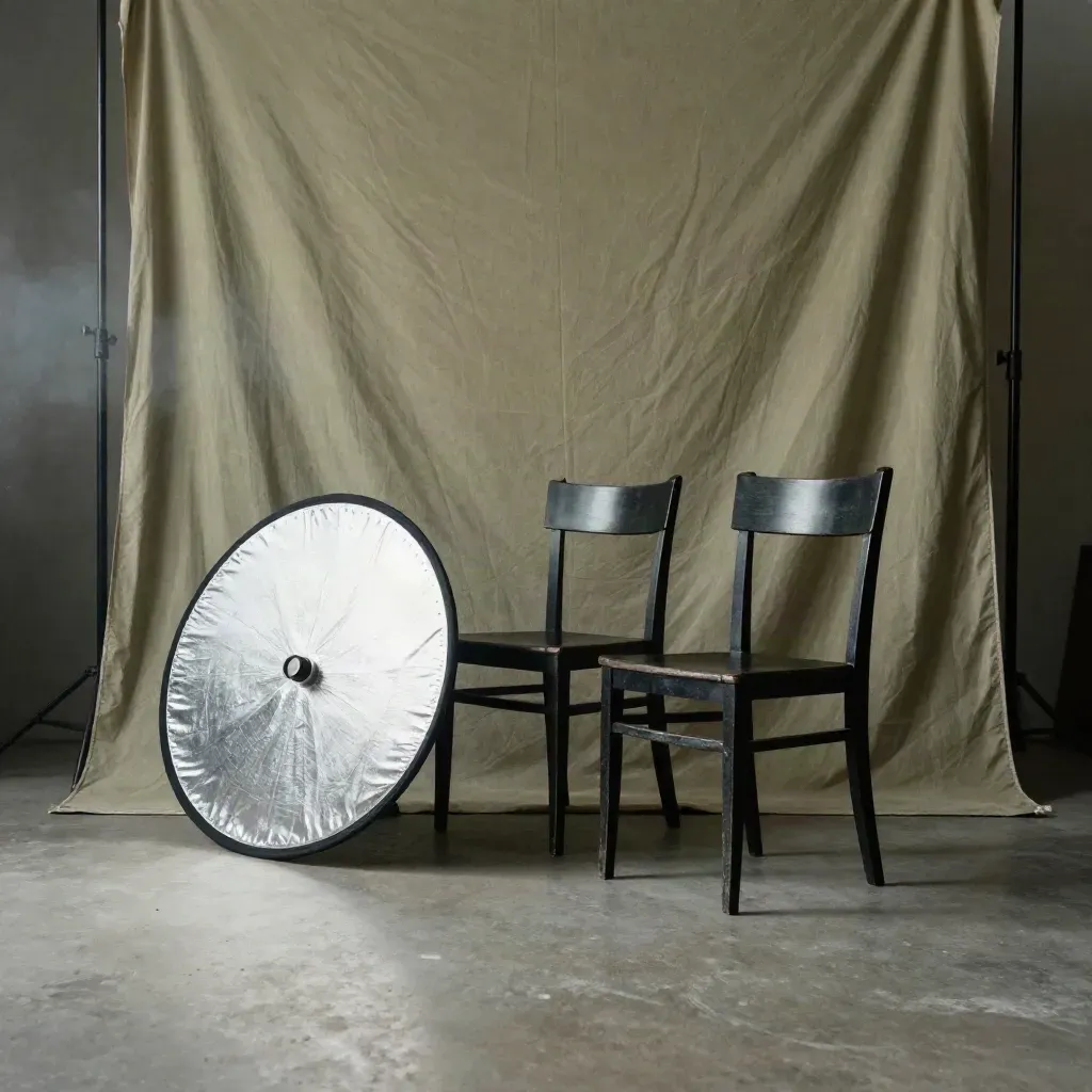 Deux chaises vides, un réflecteur et un fond froissé dans un studio parisien, lumière de test.