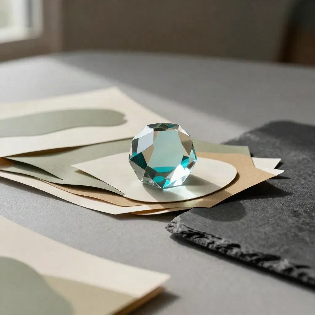 Cartes découpées, prisme acrylique et tablette sur table grise, avec reflet cyan