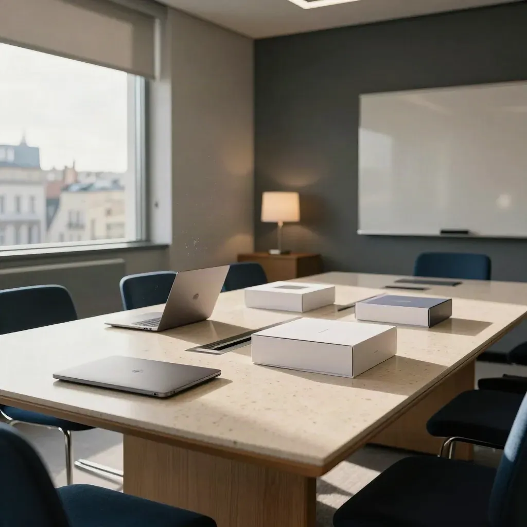 Salle de lancement SaaS à Lyon, table en travertin, ordinateur fermé, boîtes prototype, tableau blanc et lumière de fin d’après-midi.