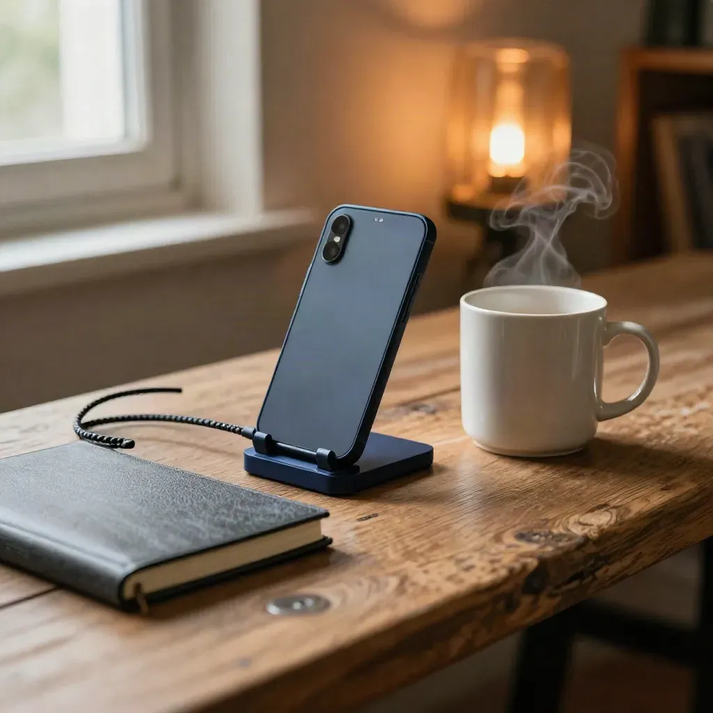 Coin créateur avec smartphone, câble, carnet fermé et mug près d’une fenêtre chaude.