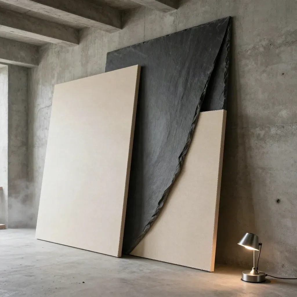 Loft en béton avec panneaux de mousse, grand drapé et lampe pratique lumineuse.