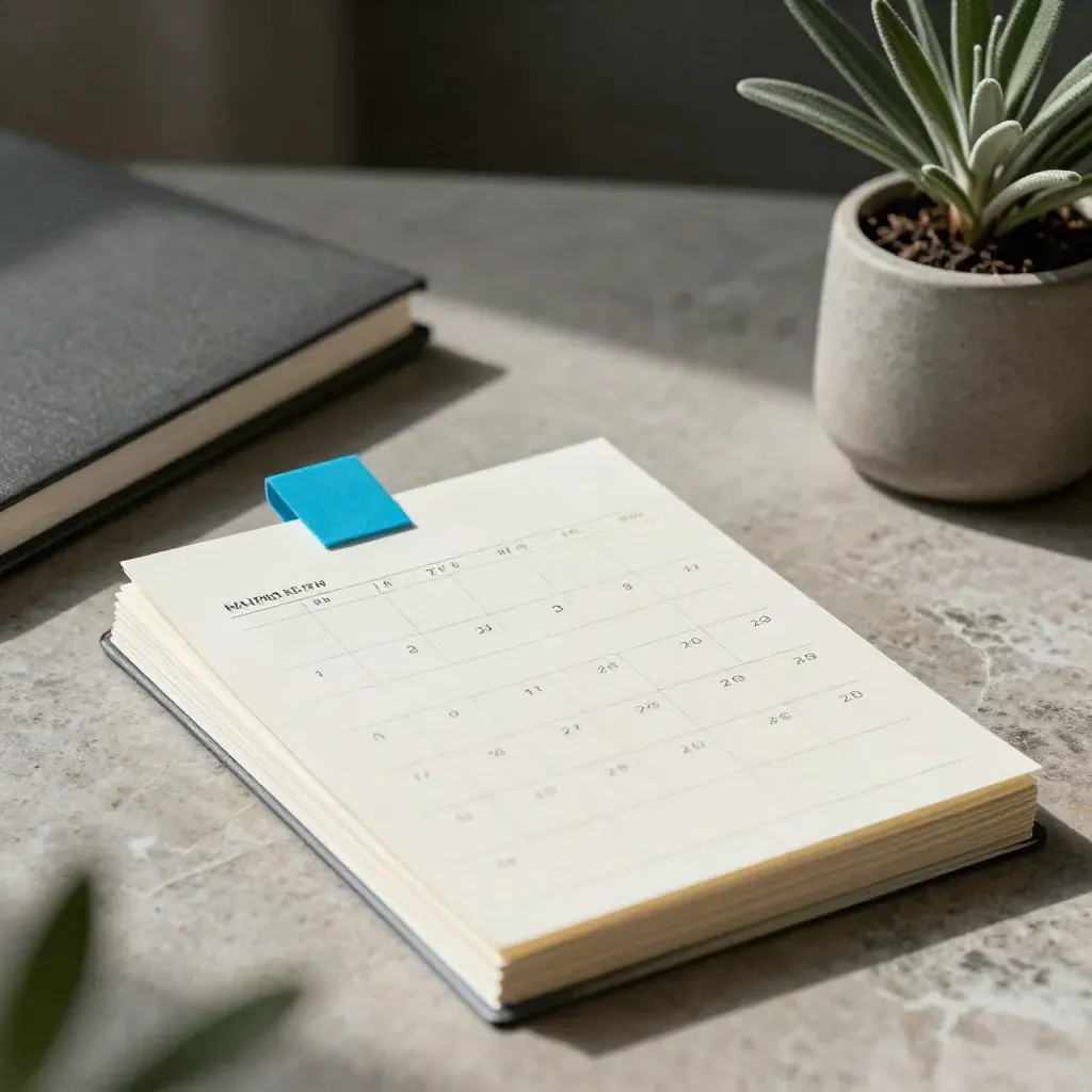 Calendrier de contenu sur bureau en pierre, cartes et onglets cyan, lumière douce.