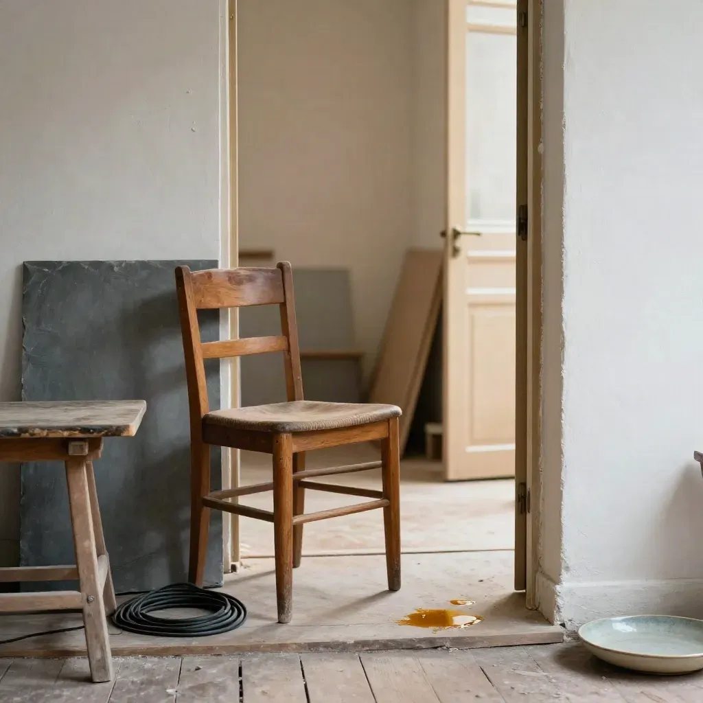Atelier en fin de journée, chaise en bois et porte lumineuse, ambiance chaleureuse.