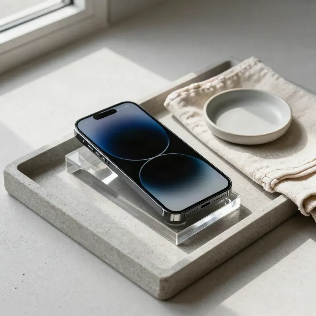 Smartphone, blocs acryliques et linge plié sur un plateau en pierre, lumière douce