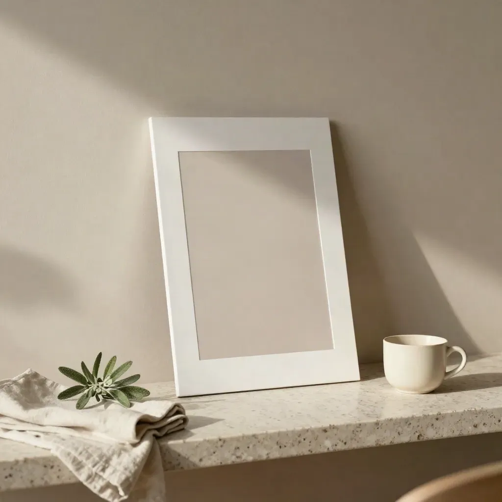 Impression portfolio sur pierre avec plante, lin plié et tasse en céramique.